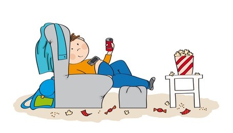 lazy teenage boy sitting in the armchair, watching tv, drinking cola and eating popcorn. mess is all around him. original hand drawn illustration.