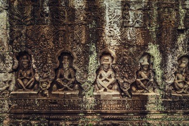 carving on the temple ta prohm. angkor, siem reap, cambodia. thread fragments.