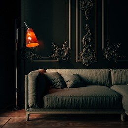 modern living room interior with empty black wall 3d rendering image. there are minimalist style decorate room with black furniture, floor, wall