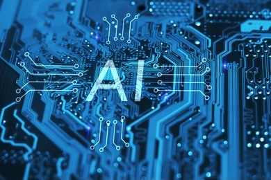 artificial intelligence and machine learning concept. ai symbol on integrated circuit on blue background.