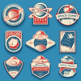 colorful space, ufo and planet labels, logos, badges, emblems. explore mission in space
