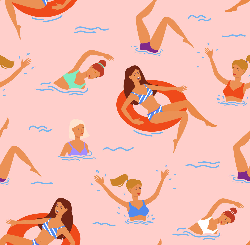 girls swimming in the ocean seamless pattern. summertime travel fun illustration in vector.