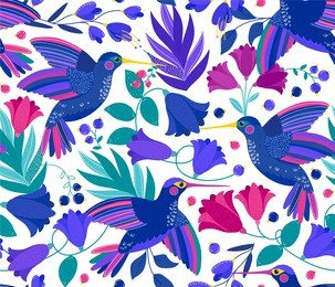vector seamless pattern with flying colibri or hummingbird and colorful flowers on white. summer blossom flowers. birds pattern. summer exotic flowers with colibri. pattern for kids, fabric, wallpaper