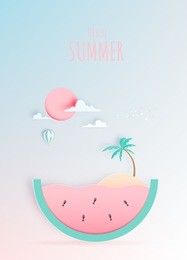 hello summer concept art in paper art style with pastel color scheme vector illustration
