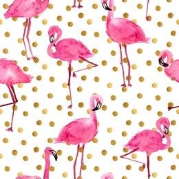 hand painting watercolor pink flamingos with golden dots texture. seamless pattern on a white background