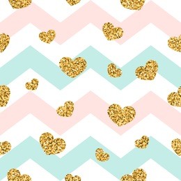 gold heart seamless pattern. pink-blue-white geometric zig zag, golden confetti-hearts. symbol of love, valentine day holiday. zigzag design wallpaper, background, texture vector illustration
