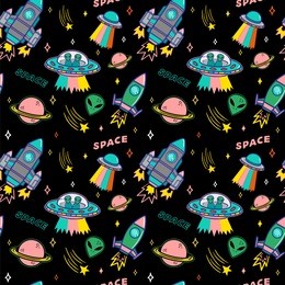 cartoon colorful set seamless pattern with ufo aliens spaceship planet and stars on dark background. modern vector illustration print for street wear brand clothes t shirt sweatshirt poster 
sticker.