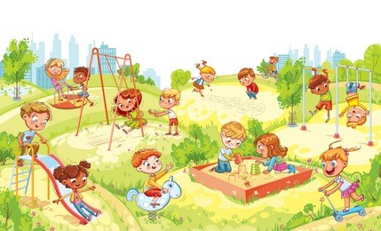 children's entertainment complex with swing, sandbox, carousel and slides in recreation park. children playing in playground. kids zone. place for games. funny cartoon characters. vector illustration