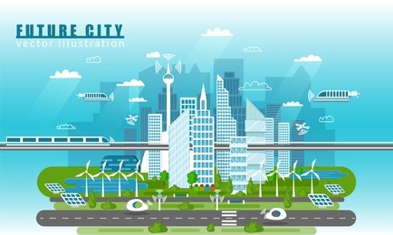 smart city landscape of the future vector concept illustration in flat style. city urban skyline with modern technologies and self-driving cars. future infrastructure and transportation.