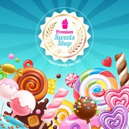 candies poster. sweet shop. colorful background with sweets - lollipops, cake pops, spiral candy, chocolate bar and donuts on shine background.