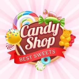 candy shop poster. colorful background with sweets - cake pop, gummy bears, hard candies and spiral lollipop on shine background.