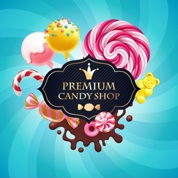 candies poster. sweet shop. colorful background with sweets - lollipops, candy cane, cake pops, chocolate splash, peppermint caramel and jelly bear on shine background.
