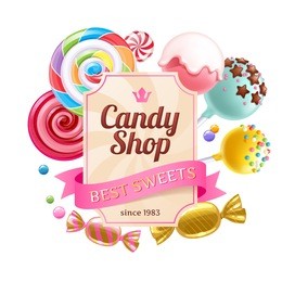 candy shop poster. colorful background with sweets - lollipops, cake pops, wrapped candies on white background.