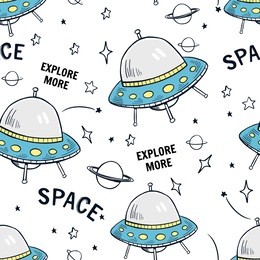 hand drawn space elements seamless pattern. space background. space doodle illustration. vector illustration. seamless pattern with cartoon space, ufo, planets, stars, slogans