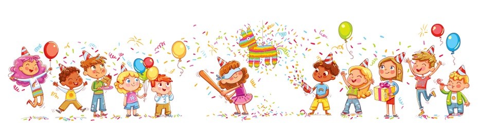 happy group of children having fun at birthday party. little girl is going to broke the pinata. seamless children's panorama for your design. template for advertising brochure. funny cartoon character