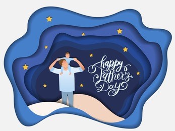 son on his father shoulders on the night sky, happy international father's day concept, can be use for card, poster, website, brochure background. vector illustration