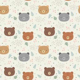 cute teddy bears background, seamless pattern, hand drawn forest, vector illustration