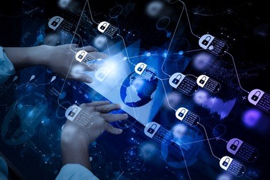 blockchain technology concept with diagram of chain and encrypted blocks. top view of businessman hand working with modern technology and digital layer effect as business strategy concept