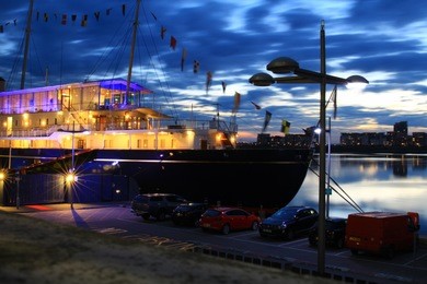 night scene from leith harbour near the royal yacht britannia