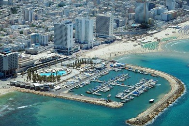 aerial view of tel-aviv beach on the coastline of the mediterranean sea. israel.