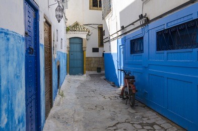 the blue street inside the burg in the kasbah des oudaias or kasbah of the udayas in rabat, morocco. the former barbary pirates town.