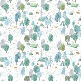 seamless pattern of a camping,road,fox,wolf,bear in the woods.tent, trees, bonfire, plants and floral.landscape tourism.watercolor hand drawn illustration.white background.