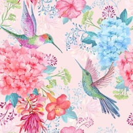 seamless watercolor pattern . tropical flowers and hummingbirds on pink background