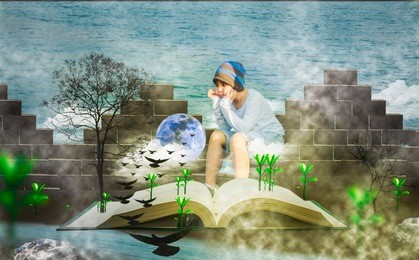 asian boys, dream ride and fantasy, the concept of children's imagination comes from reading.