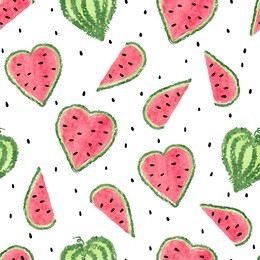 watercolor watermelons pattern. seamless vector background with heart shaped watermelon slices.