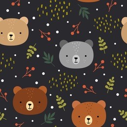 cute teddy bears background, seamless pattern, hand drawn forest, vector illustration