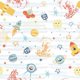 
seamless vector baby boy pattern with space, rockets, planets, stars, satellites, astronauts, moon and cheerful monsters