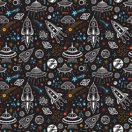 space background for kids. vector seamless pattern of hand drawn doodle cartoon rockets, planets, stars, comets and ufos.