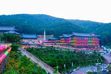 nighttime view of samgwangsa temple in busan city of south korea. thousands of paper lanterns decorate at samgwangsa temple in busan, south korea for buddha's birthday.