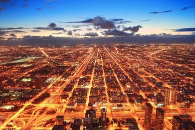 chicago downtown aerial panorama view at dusk with skyscrapers and city skyline.