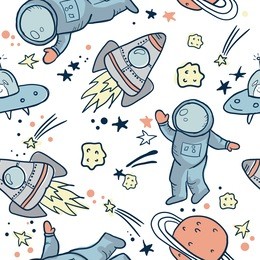 seamless hand drawn space pattern  . space background.vector  space doodle illustration with cartoon space rockets, planets, stars.   prints for t-shirts, textiles, clothes, sports, and more