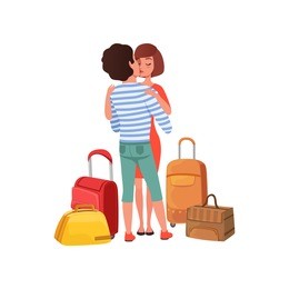 happy couple in love with travel bags, man and woman embracing each other, people traveling together during summer vacation vector illustration