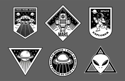 black white set icons with different patches stickers on topic space explore alien ufo spaceship mars astronaut. modern vector style mascot logo trendy print for clothes t shirt sweatshirt poster.