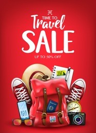 time to travel sale poster for advertisement with travelling 3d realistic  items such as hat, camera, sunglasses, passport, compass, notepad, pen, mobile phone and pair of sneakers in red background. 