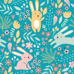 vector seamless spring pattern with rabbits and plants. easter pattern. cartoon bunnies
