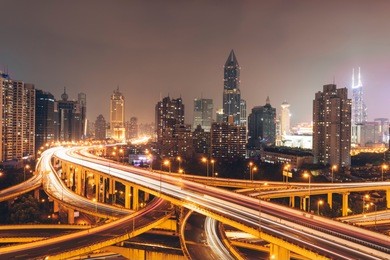 nocturnal traffic and commercial center in shanghai, china
