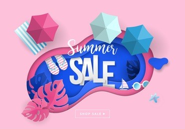 summer sale banner design with paper cut tropical beach top view background. vector illustration
