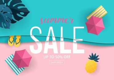 summer sale banner design with paper cut tropical beach top view background. vector illustration