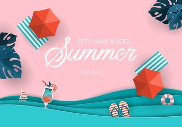 summer sale banner design with paper cut tropical beach top view background. vector illustration