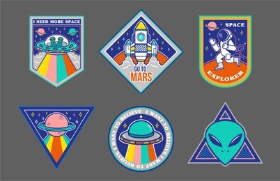 colorful set icons with patches stickers on topic space explore alien ufo spaceship mars astronaut. modern vector style mascot logo trendy print for clothes t shirt sweatshirt poster.