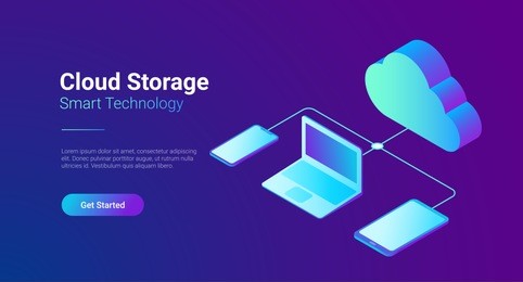 isometric flat data cloud storage network vector illustration. online computing hosting 3d isometry concept. tablet pc, laptop, mobile phone smartphone objects.