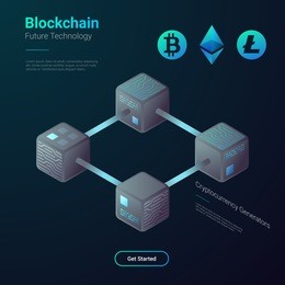 blockchain cryptocurrency bitcoin etherium litecoin technology isometric flat vector illustration concept. hi tech block chain process data structure visualization.