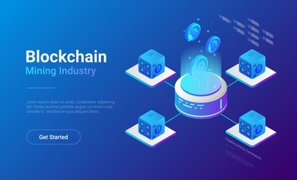 isometric bitcoin miners computers website vector banner design. mining industry cryptocurrency illustration concept.