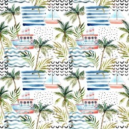 abstract summer seamless pattern. watercolor sailboat, ship, palm tree, leaves, grunge textures, doodles, brush strokes. water color background in minimalistic style hand painted tropical illustration