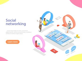flat isometric vector concept of social media network, digital communication, chatting.