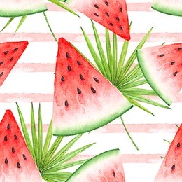 seamless watercolor drawing of a slice of red watermelon against a background of pink stripes and palm leaves